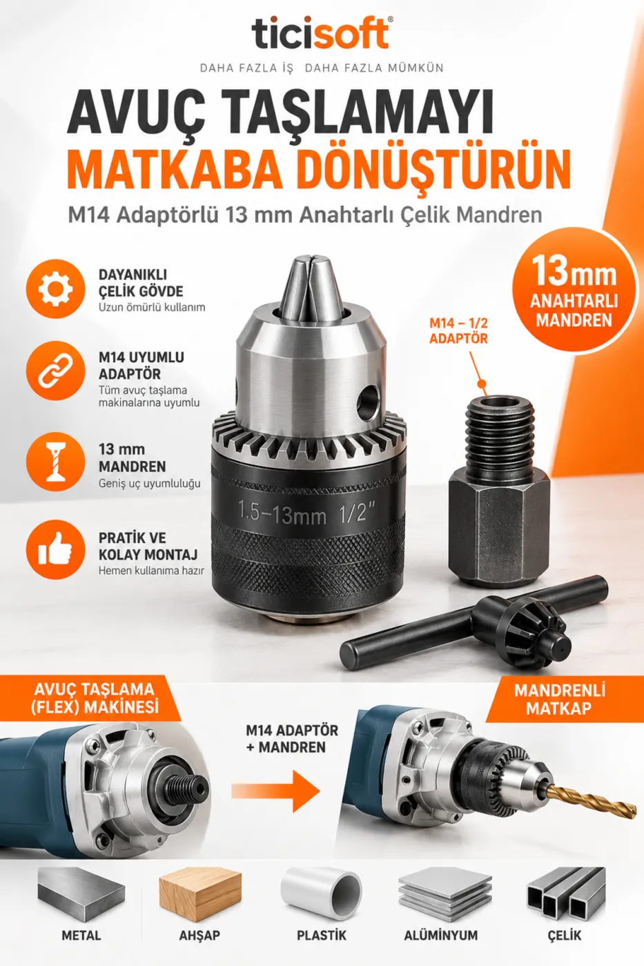 Avuç Taşlama Spiral Makinesini Matkaba Dönüştüren Adaptör Seti 13 mm Anahtarlı Çelik Mandren M14 1/2 Kaplin