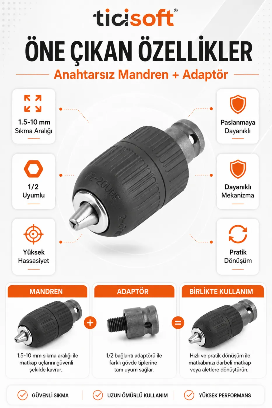 1/2 Matkap İçin Anahtarsız Chuck Mandren Adaptörü 1.5-10 mm 20UNF Somun Sökme Sıkma Makinesi Dönüştürücü Aparat