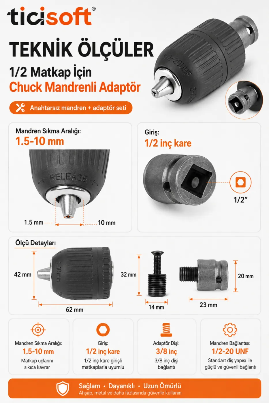 1/2 Matkap İçin Anahtarsız Chuck Mandren Adaptörü 1.5-10 mm 20UNF Somun Sökme Sıkma Makinesi Dönüştürücü Aparat