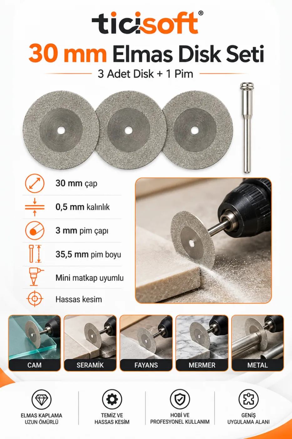 3 Adet 30 mm Elmas Kesme Disk Seti 0,5 mm İnce Disk + 1 Adet 3 mm Pim Mini Matkap Gravür Uyumlu