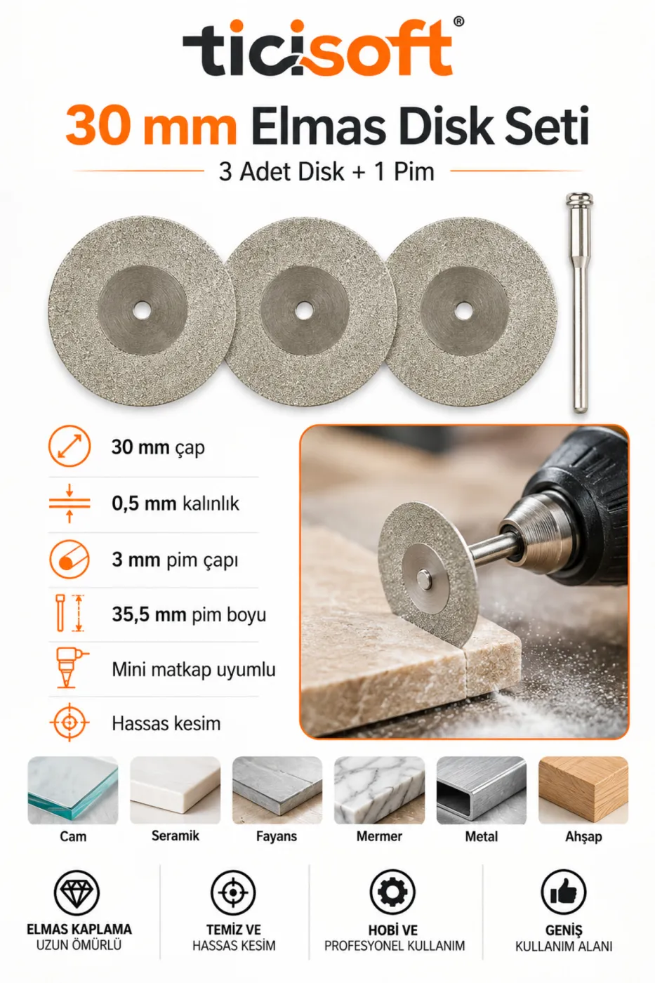 3 Adet 30 mm Elmas Kesme Disk Seti 0,5 mm İnce Disk + 1 Adet 3 mm Pim Mini Matkap Gravür Uyumlu