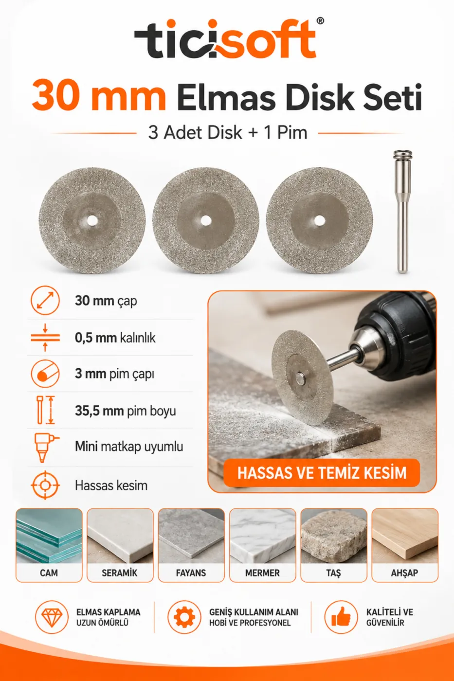 3 Adet 30 mm Elmas Kesme Disk Seti 0,5 mm İnce Disk + 1 Adet 3 mm Pim Mini Matkap Gravür Uyumlu