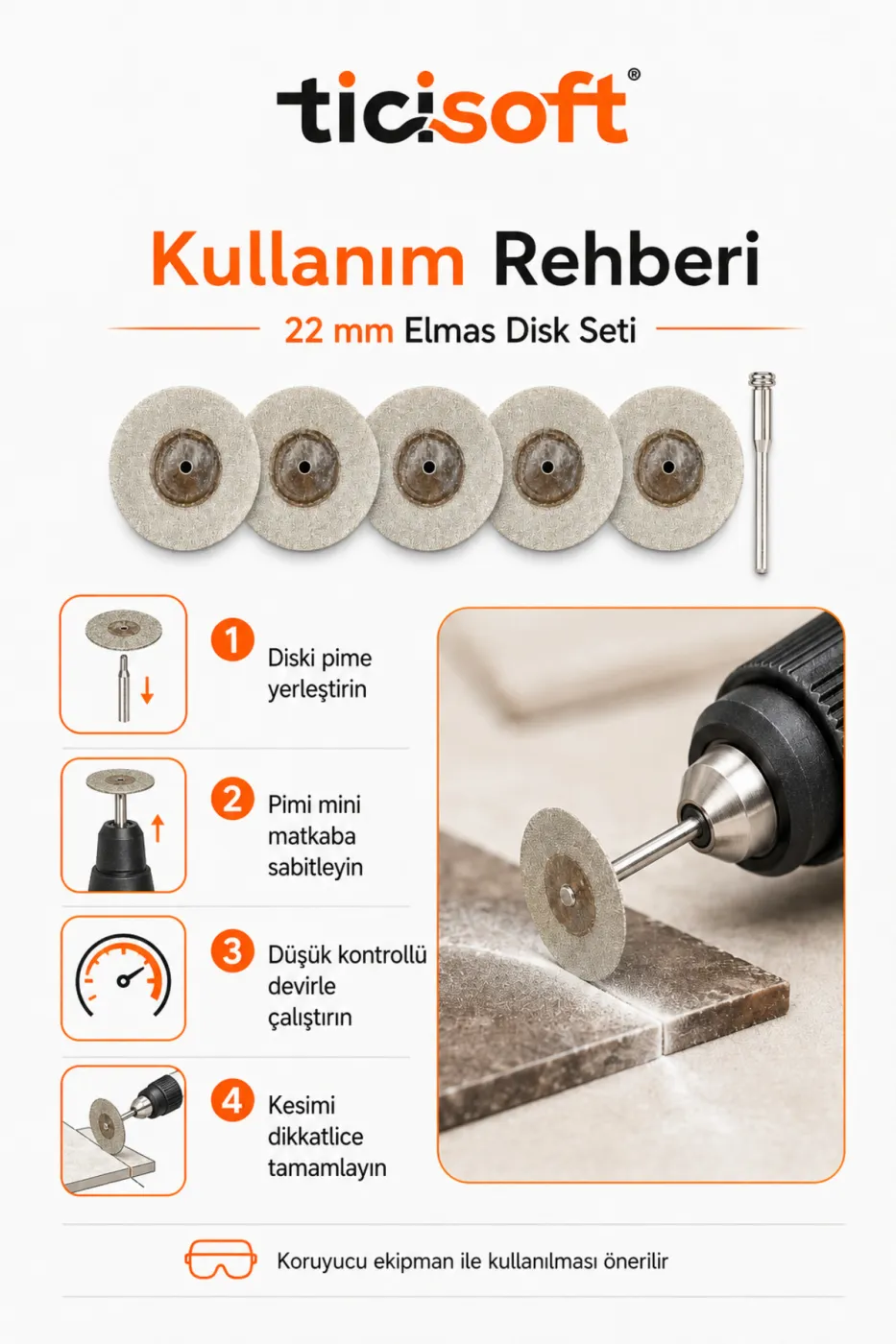 5 Adet 22 mm Elmas Kesme Disk Seti 0,5 mm İnce Disk + 1 Adet 3 mm Pim Mini Matkap Gravür Uyumlu