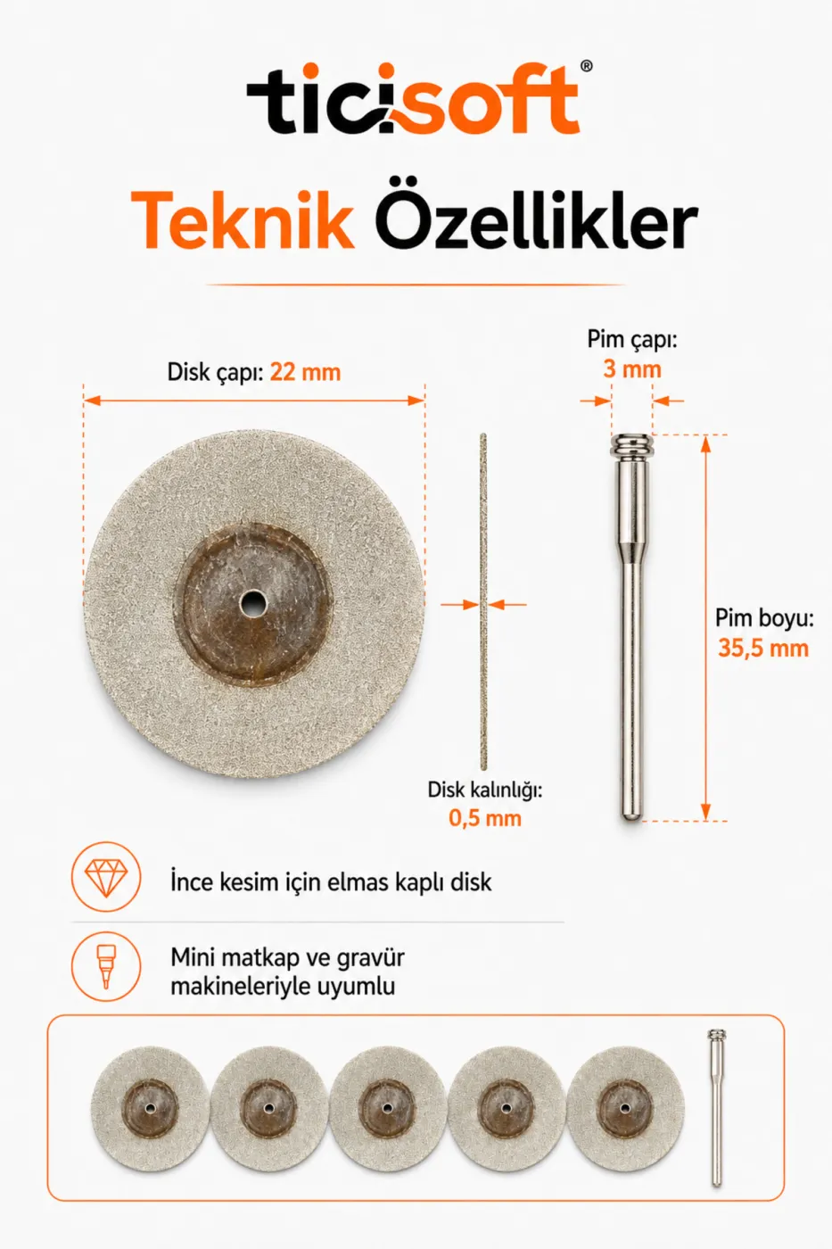 5 Adet 22 mm Elmas Kesme Disk Seti 0,5 mm İnce Disk + 1 Adet 3 mm Pim Mini Matkap Gravür Uyumlu