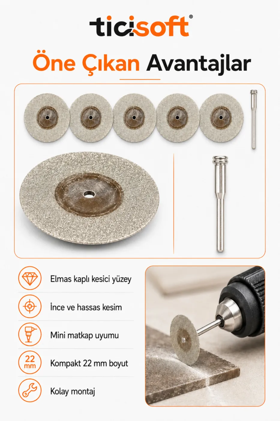5 Adet 22 mm Elmas Kesme Disk Seti 0,5 mm İnce Disk + 1 Adet 3 mm Pim Mini Matkap Gravür Uyumlu