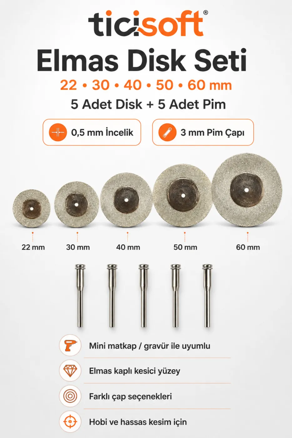 5’li Elmas Kesme Disk Seti 22-30-40-50-60 mm + 5 Adet Pim 3 mm Şaft Mini Matkap Gravür Hobi Kesici Disk Takımı