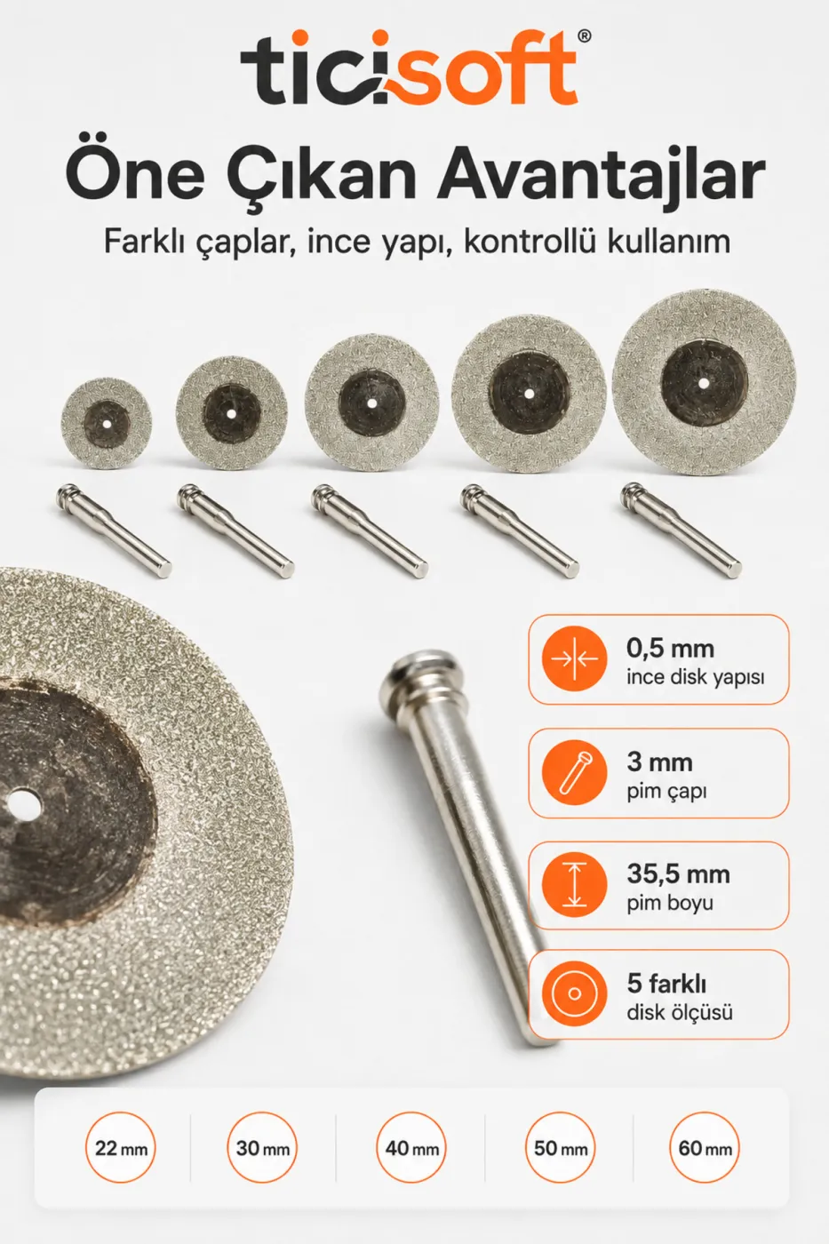 5’li Elmas Kesme Disk Seti 22-30-40-50-60 mm + 5 Adet Pim 3 mm Şaft Mini Matkap Gravür Hobi Kesici Disk Takımı