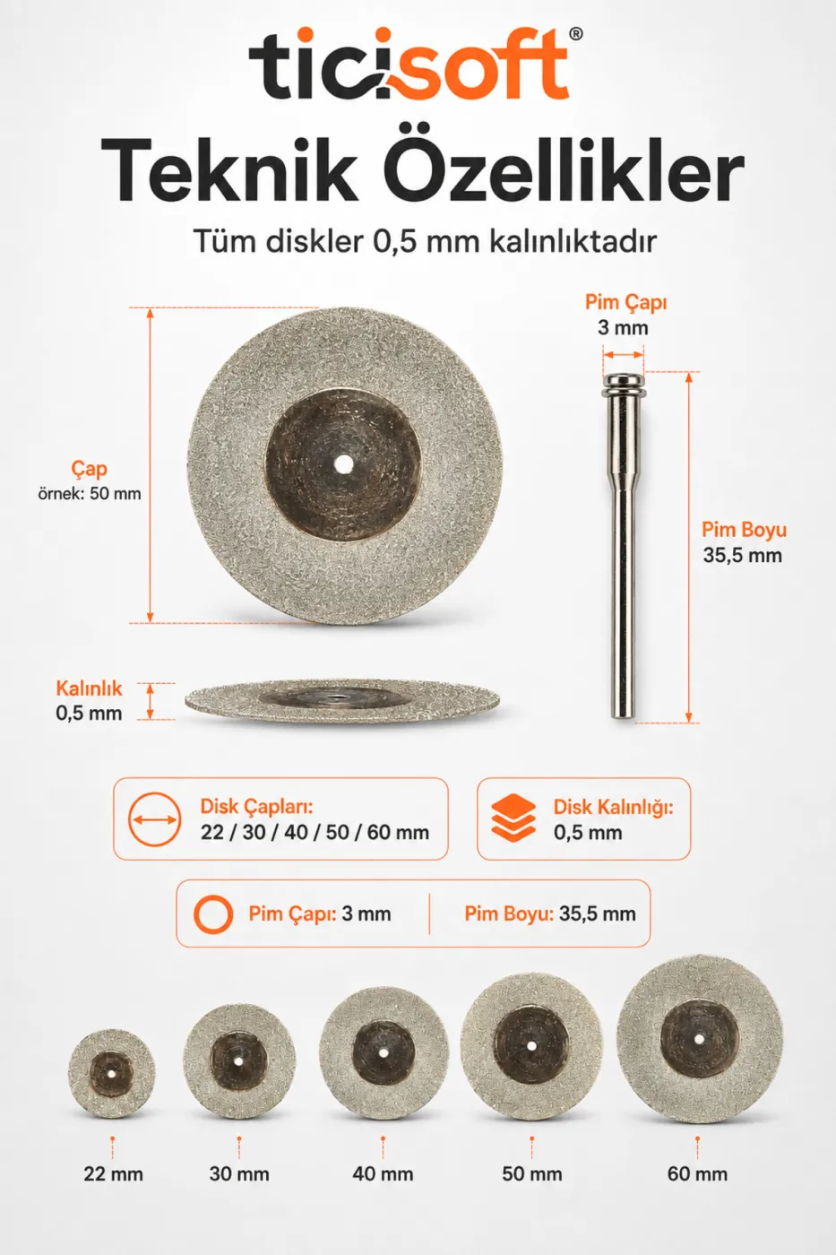 5’li Elmas Kesme Disk Seti 22-30-40-50-60 mm + 5 Adet Pim 3 mm Şaft Mini Matkap Gravür Hobi Kesici Disk Takımı