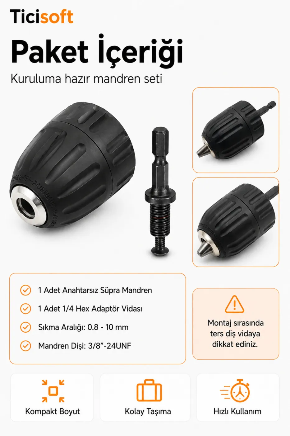 1/4 Hex Adaptörlü 10 mm Anahtarsız Mandren 3/8-24UNF Şarjlı Vidalama Matkap Dönüştürücü Aparat