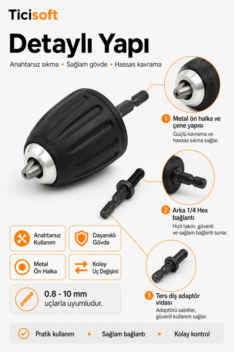 1/4 Hex Adaptörlü 10 mm Anahtarsız Mandren 3/8-24UNF Şarjlı Vidalama Matkap Dönüştürücü Aparat