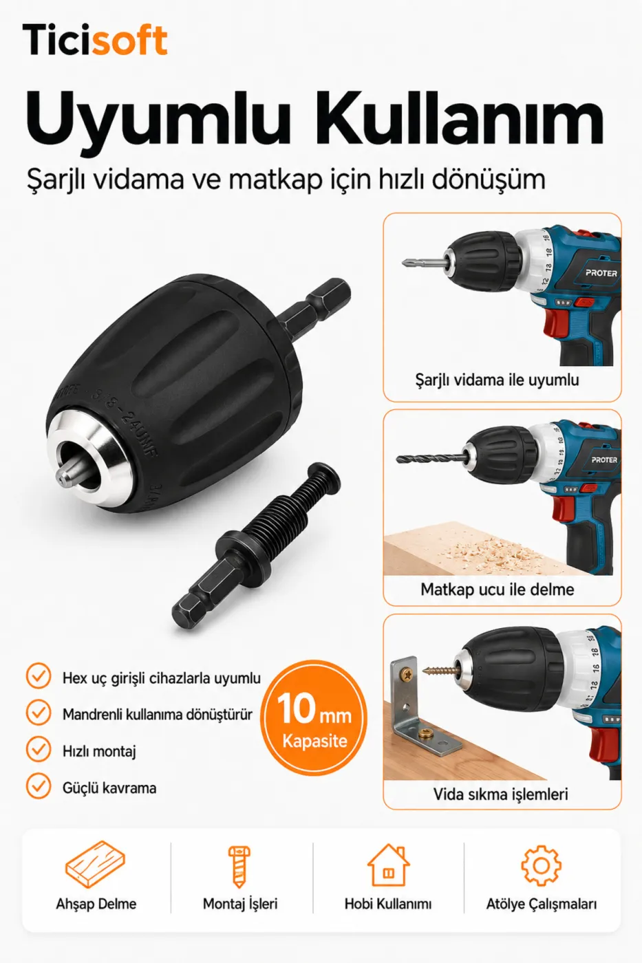 1/4 Hex Adaptörlü 10 mm Anahtarsız Mandren 3/8-24UNF Şarjlı Vidalama Matkap Dönüştürücü Aparat