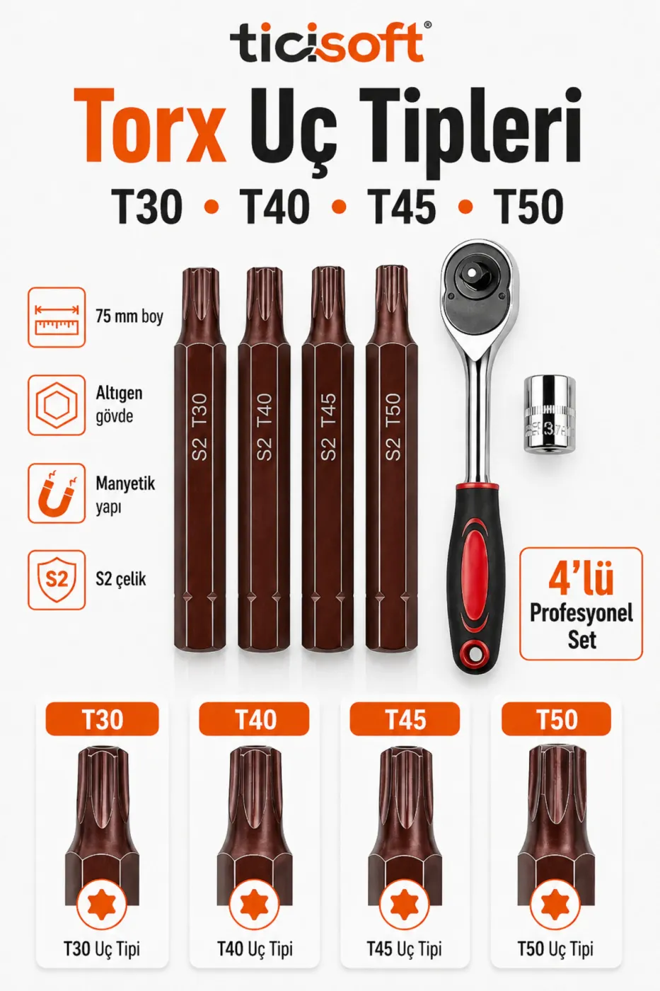 Cırcır Kollu Torx Uç Seti 75 mm T30 T40 T45 T50 S2 Çelik Manyetik Altıgen Şaft 4’lü Uç Seti