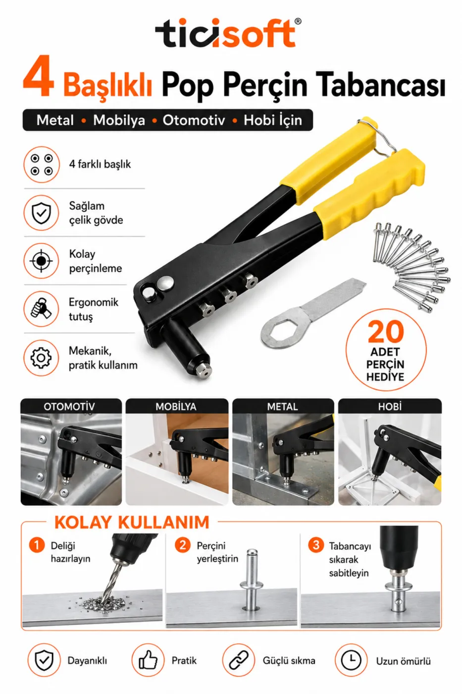 4 Başlıklı Pop Perçin Tabancası Profesyonel Metal Perçin Makinesi + 20 Adet Perçin ve Uç Anahtarı