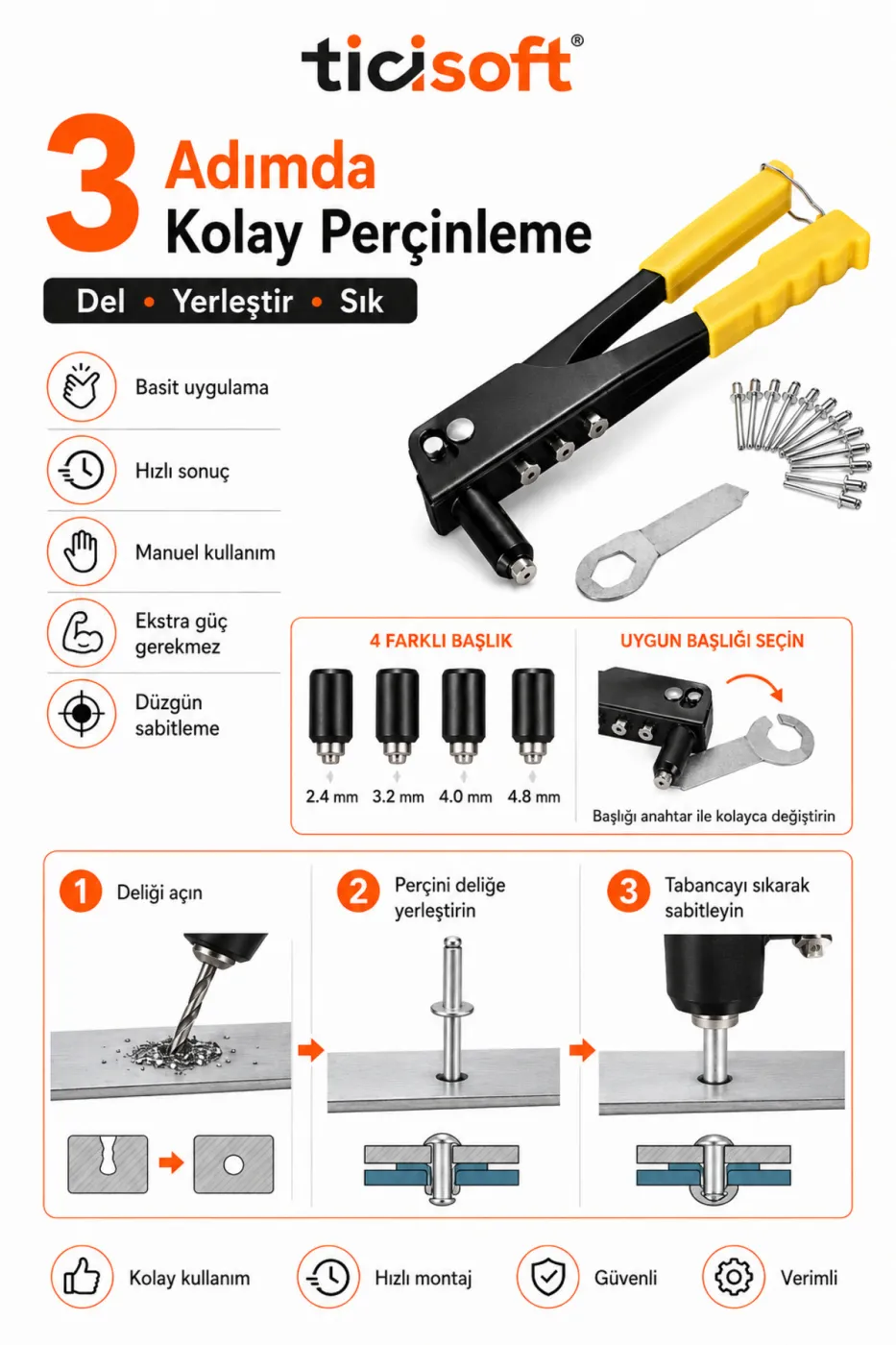 4 Başlıklı Pop Perçin Tabancası Profesyonel Metal Perçin Makinesi + 20 Adet Perçin ve Uç Anahtarı