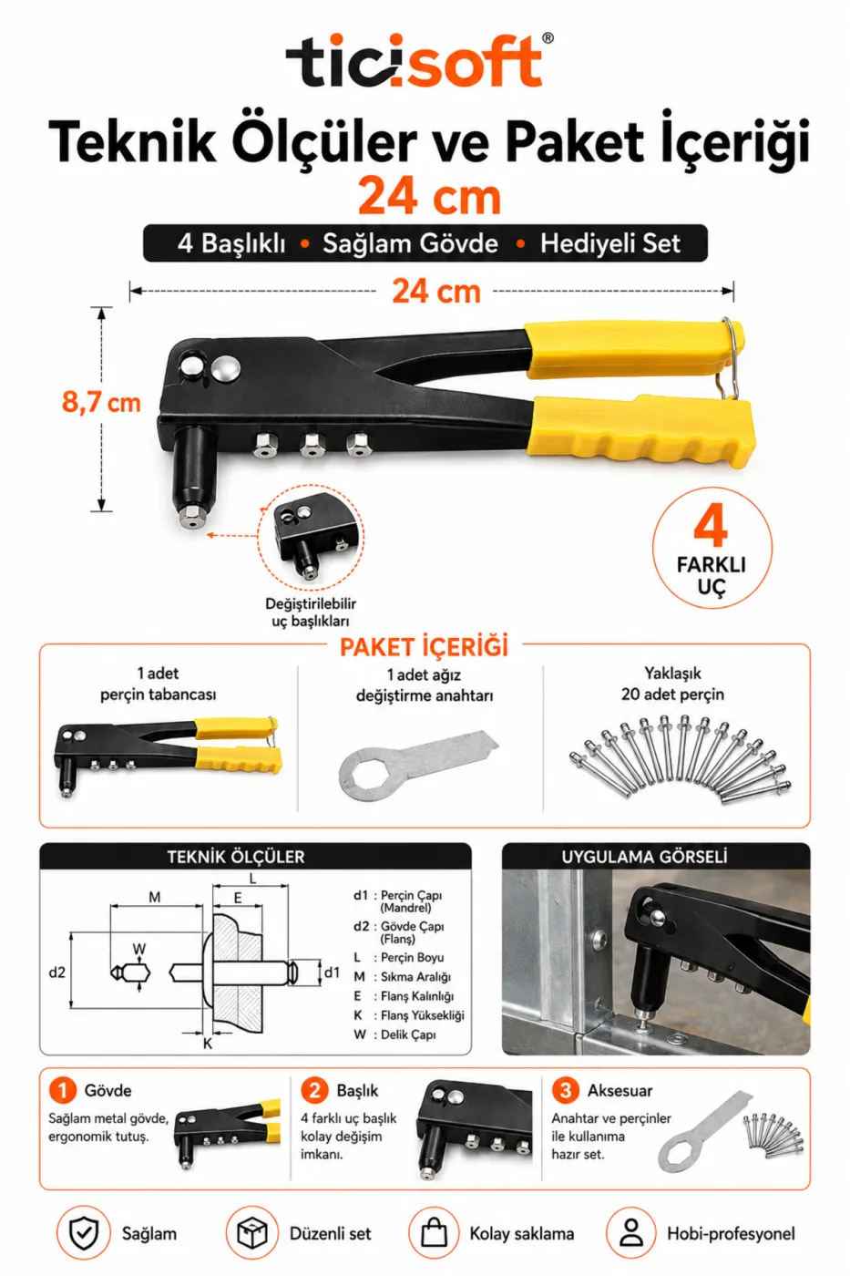 4 Başlıklı Pop Perçin Tabancası Profesyonel Metal Perçin Makinesi + 20 Adet Perçin ve Uç Anahtarı