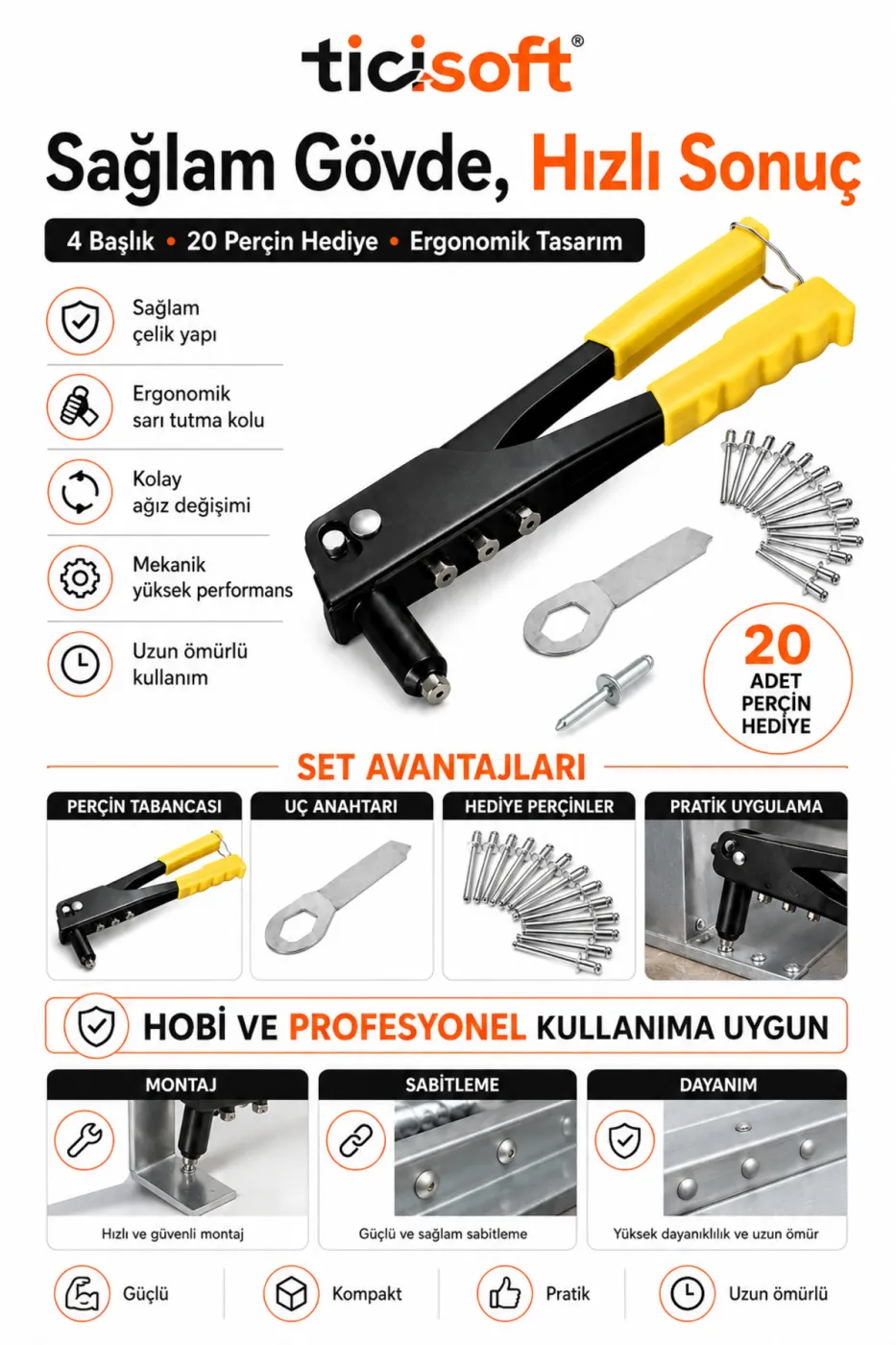4 Başlıklı Pop Perçin Tabancası Profesyonel Metal Perçin Makinesi + 20 Adet Perçin ve Uç Anahtarı