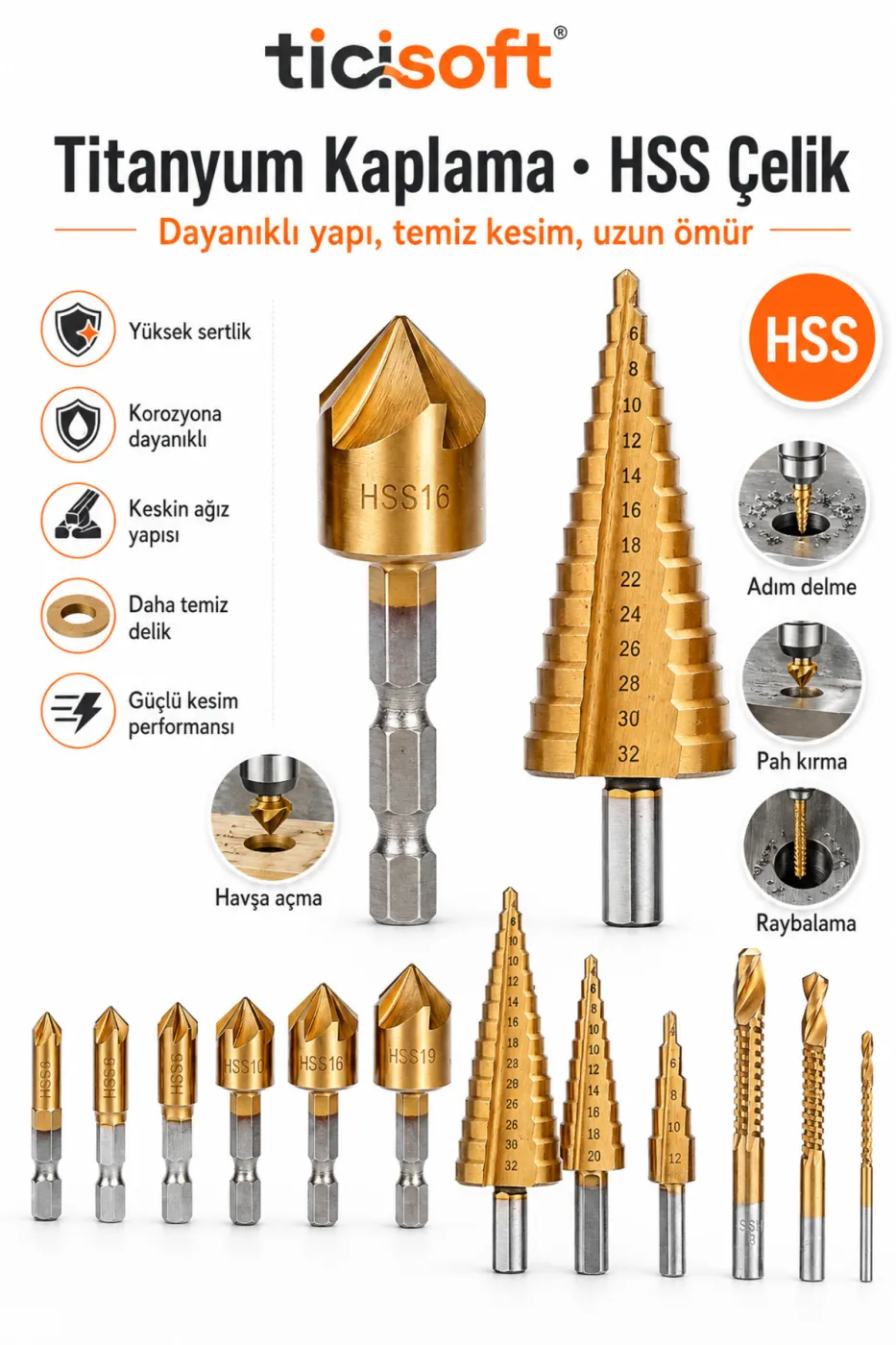 12 Parça HSS Titanyum Kaplı Havşa ve Adım Matkap Ucu Seti Pah Kırma Raybalama Kozalak Freze Ucu