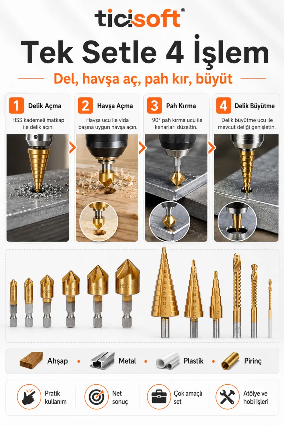 12 Parça HSS Titanyum Kaplı Havşa ve Adım Matkap Ucu Seti Pah Kırma Raybalama Kozalak Freze Ucu
