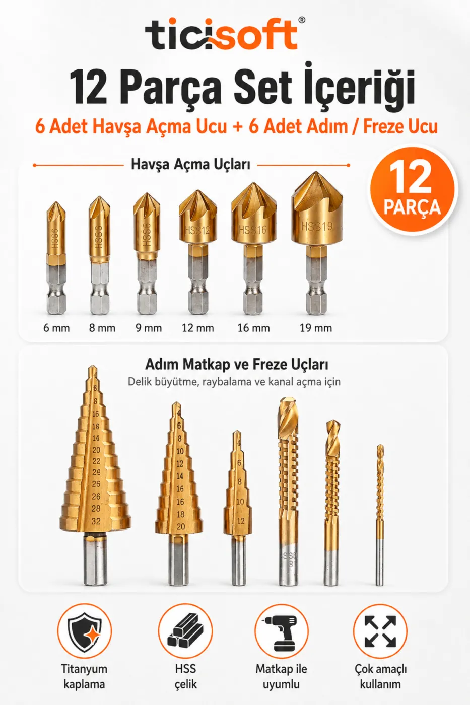 12 Parça HSS Titanyum Kaplı Havşa ve Adım Matkap Ucu Seti Pah Kırma Raybalama Kozalak Freze Ucu