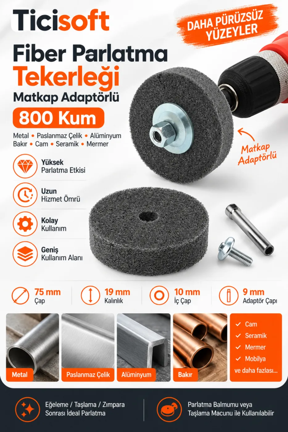 800 Kum Fiber Parlatma Tekerleği 75 mm Matkap Adaptörlü Metal Polisaj Zımpara Skoch Disk