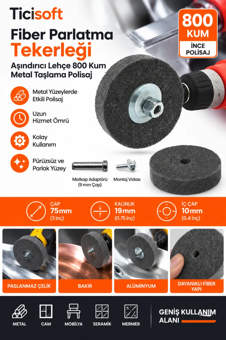 800 Kum Fiber Parlatma Tekerleği 75 mm Matkap Adaptörlü Metal Polisaj Zımpara Skoch Disk