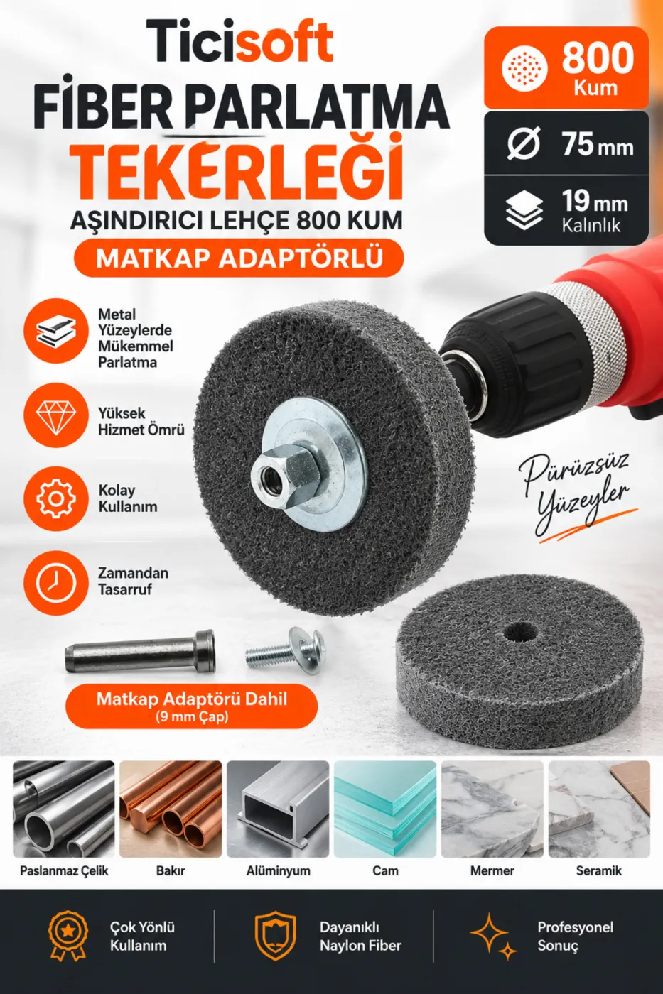 800 Kum Fiber Parlatma Tekerleği 75 mm Matkap Adaptörlü Metal Polisaj Zımpara Skoch Disk