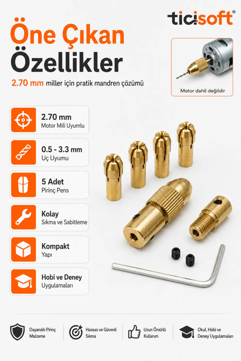 Hobi Motoru Mandren Adaptör Seti 2,70 mm Mil 0,5–3,3 mm Uç Uyumlu 5 Pens ve Alyan Anahtarlı