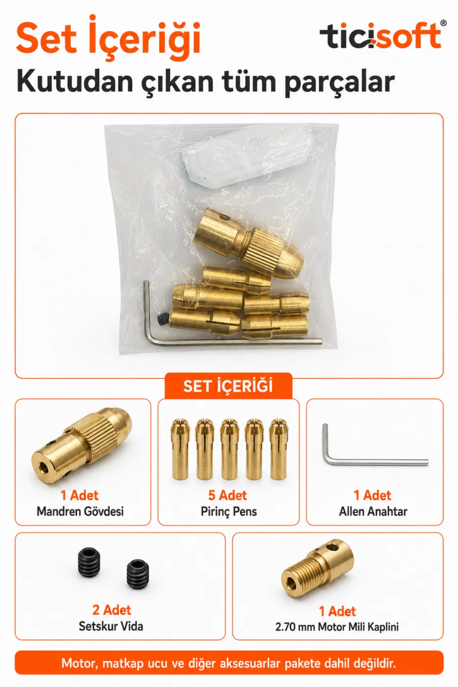 Hobi Motoru Mandren Adaptör Seti 2,70 mm Mil 0,5–3,3 mm Uç Uyumlu 5 Pens ve Alyan Anahtarlı