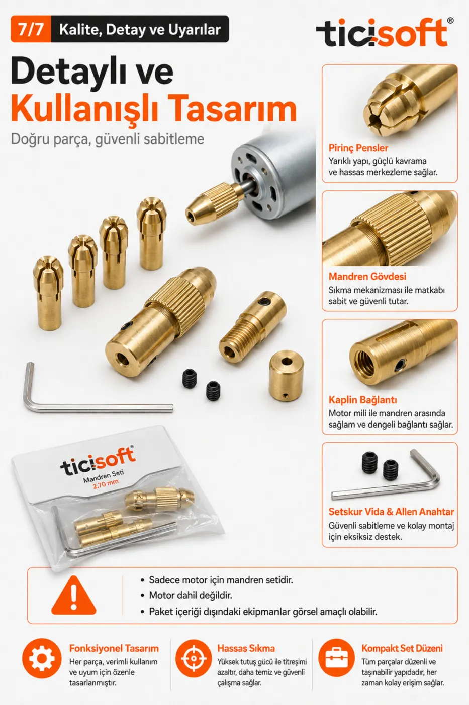 Hobi Motoru Mandren Adaptör Seti 2,70 mm Mil 0,5–3,3 mm Uç Uyumlu 5 Pens ve Alyan Anahtarlı