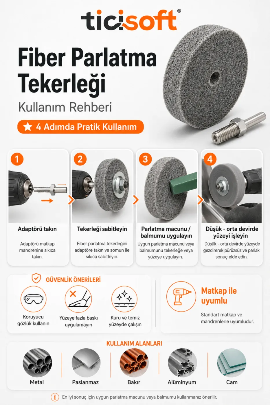 800 Kum Fiber Parlatma Tekerleği 75 mm Matkap Bağlantı Aparatlı Metal Polisaj Diski
