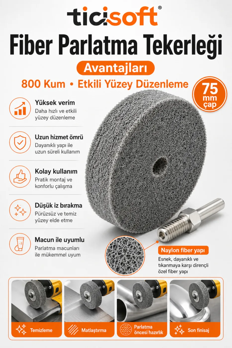 800 Kum Fiber Parlatma Tekerleği 75 mm Matkap Bağlantı Aparatlı Metal Polisaj Diski