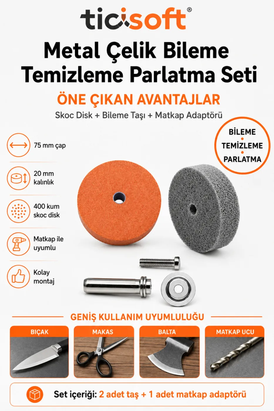 75 mm Metal Çelik Bileme Temizleme Parlatma Disk Seti 3 Parça 400 Kum Skoc Disk Matkap Adaptörlü
