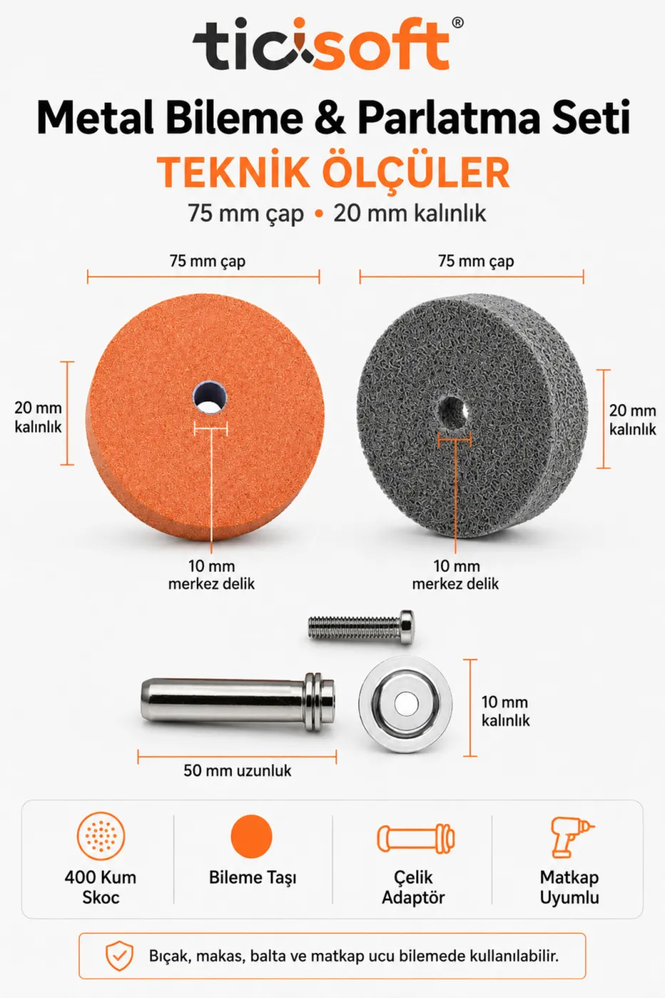 75 mm Metal Çelik Bileme Temizleme Parlatma Disk Seti 3 Parça 400 Kum Skoc Disk Matkap Adaptörlü