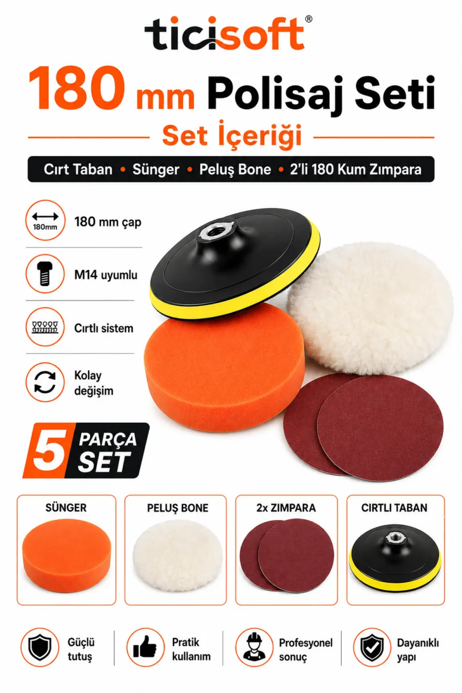 180 mm Polisaj Seti M14 Cırt Taban Sünger Peluş Bone 2 Adet 180 Kum Zımpara 5 Parça Parlatma Seti