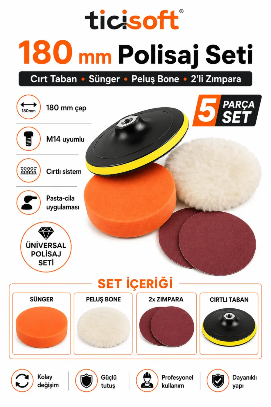 180 mm Polisaj Seti M14 Cırt Taban Sünger Peluş Bone 2 Adet 180 Kum Zımpara 5 Parça Parlatma Seti