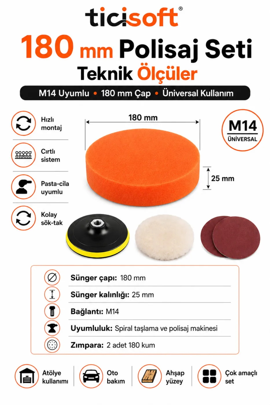 180 mm Polisaj Seti M14 Cırt Taban Sünger Peluş Bone 2 Adet 180 Kum Zımpara 5 Parça Parlatma Seti