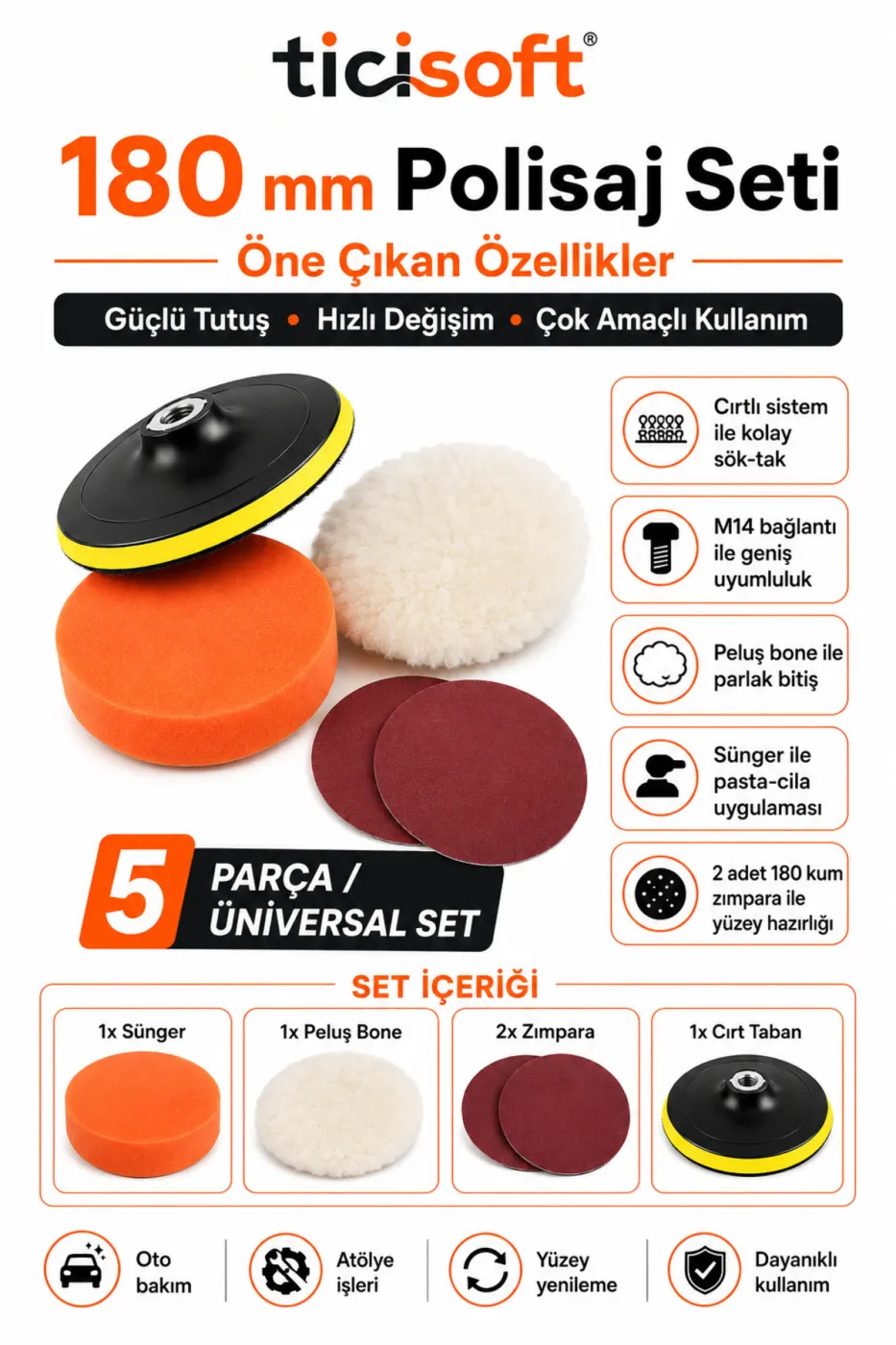 180 mm Polisaj Seti M14 Cırt Taban Sünger Peluş Bone 2 Adet 180 Kum Zımpara 5 Parça Parlatma Seti