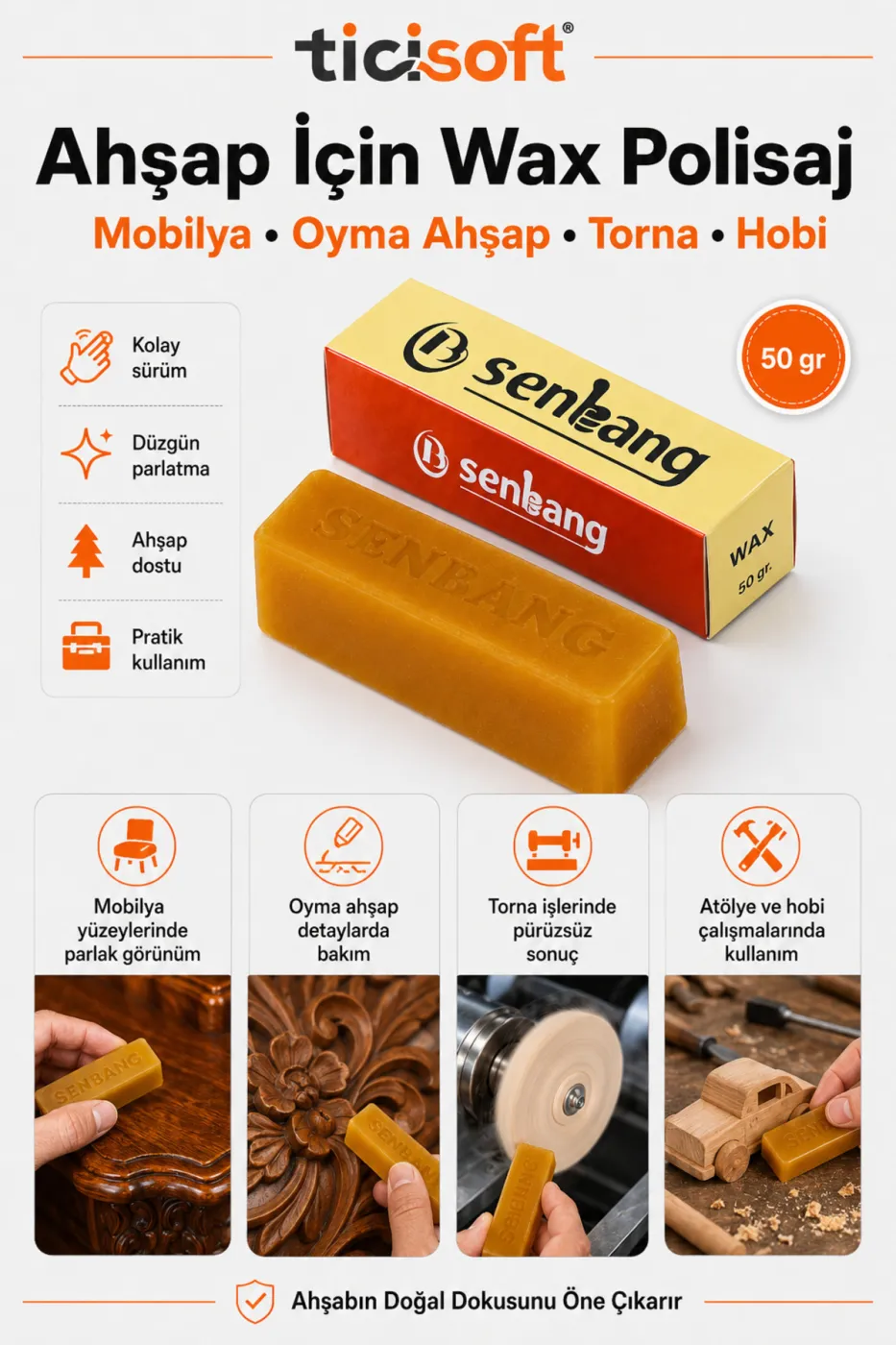 Ahşap Parlatma Polisaj Pastası Sarı Wax 50 gr Balmumu Cila Macunu Ahşap Bakım Parlatıcı