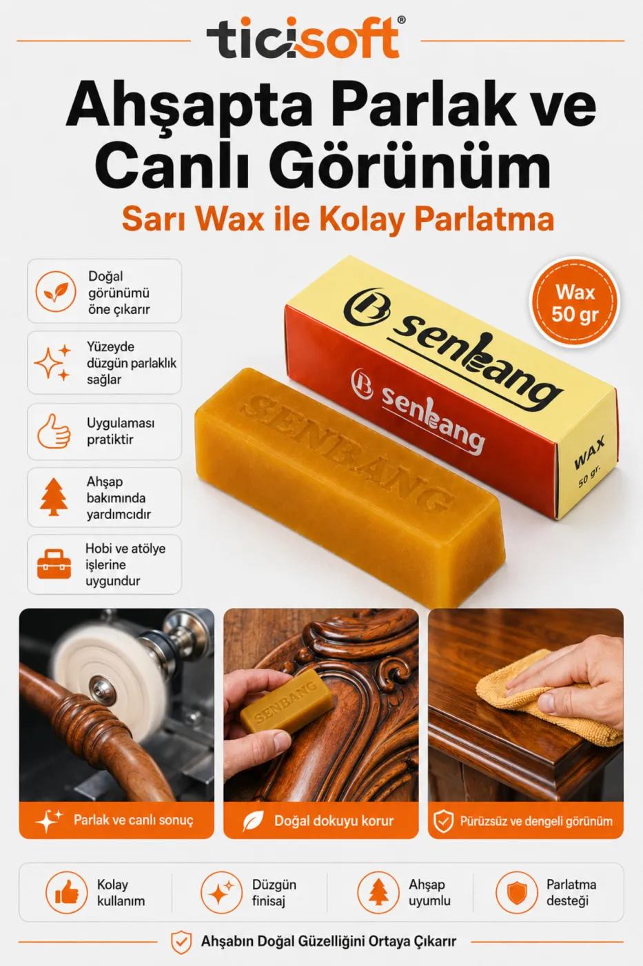 Ahşap Parlatma Polisaj Pastası Sarı Wax 50 gr Balmumu Cila Macunu Ahşap Bakım Parlatıcı