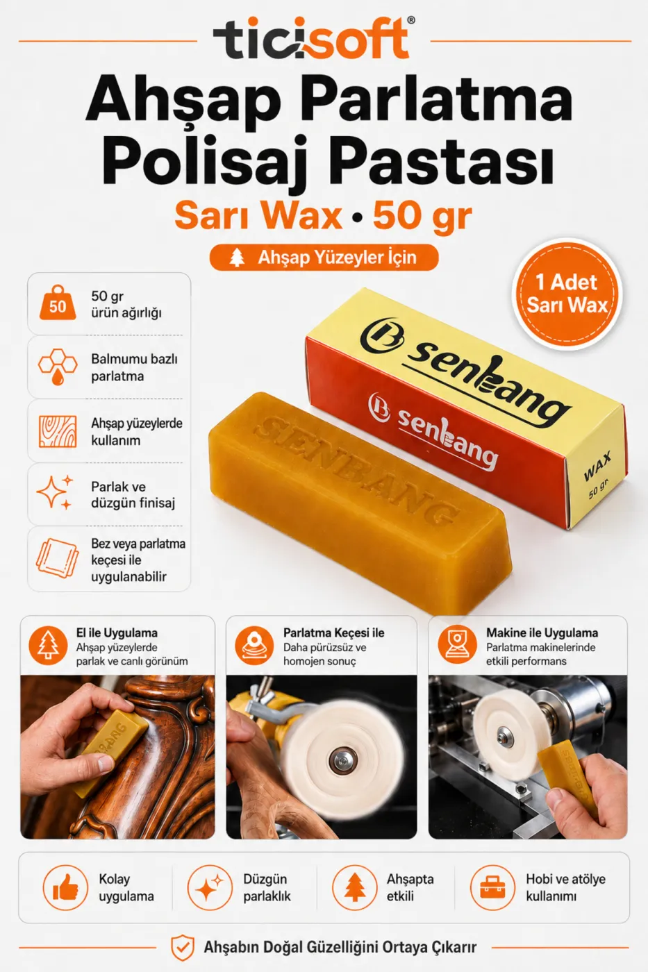 Ahşap Parlatma Polisaj Pastası Sarı Wax 50 gr Balmumu Cila Macunu Ahşap Bakım Parlatıcı