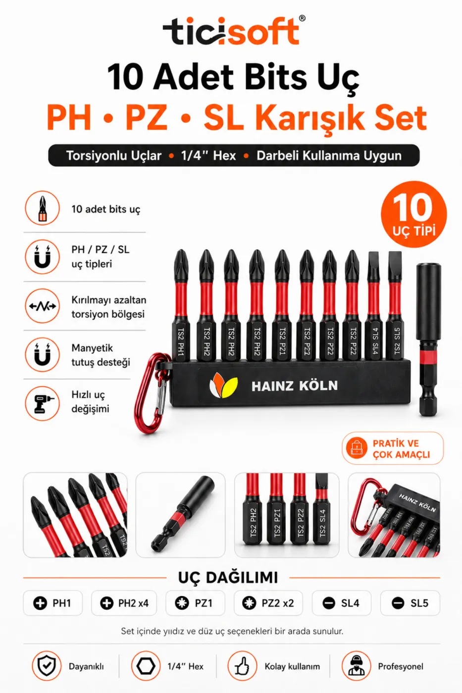 12 Parça Yıldız Düz Vidalama Uç Seti PH PZ SL Torsiyonlu Bits Takımı Manyetik Uzatma Adaptörlü Karabinalı