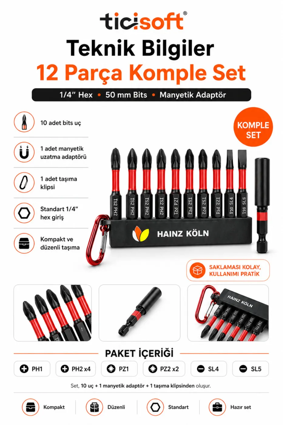 12 Parça Yıldız Düz Vidalama Uç Seti PH PZ SL Torsiyonlu Bits Takımı Manyetik Uzatma Adaptörlü Karabinalı