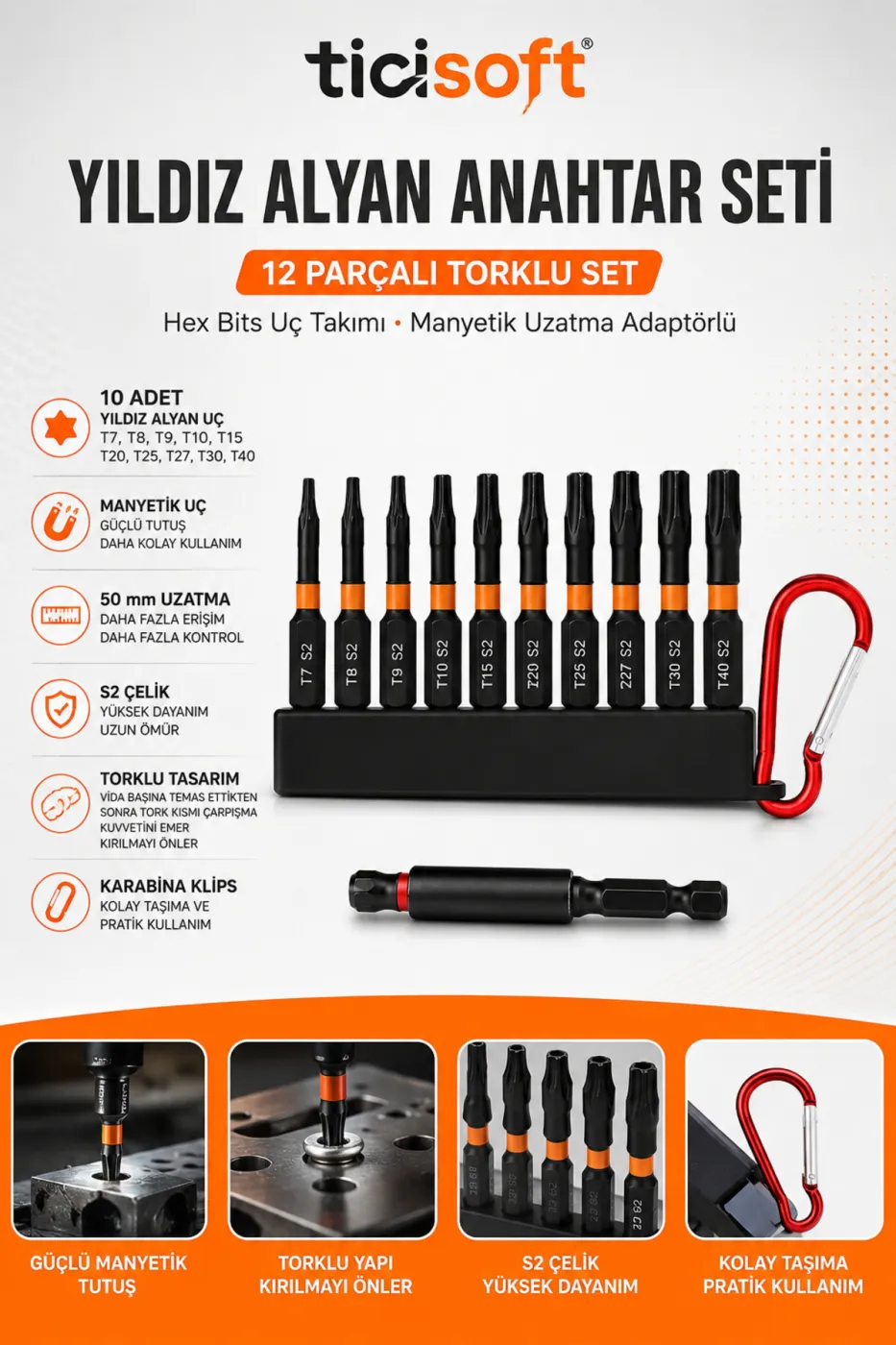 12 Parça Torx Bits Uç Seti T7 T8 T9 T10 T15 T20 T25 T27 T30 T40 S2 Çelik Manyetik Uzatma Adaptörlü
