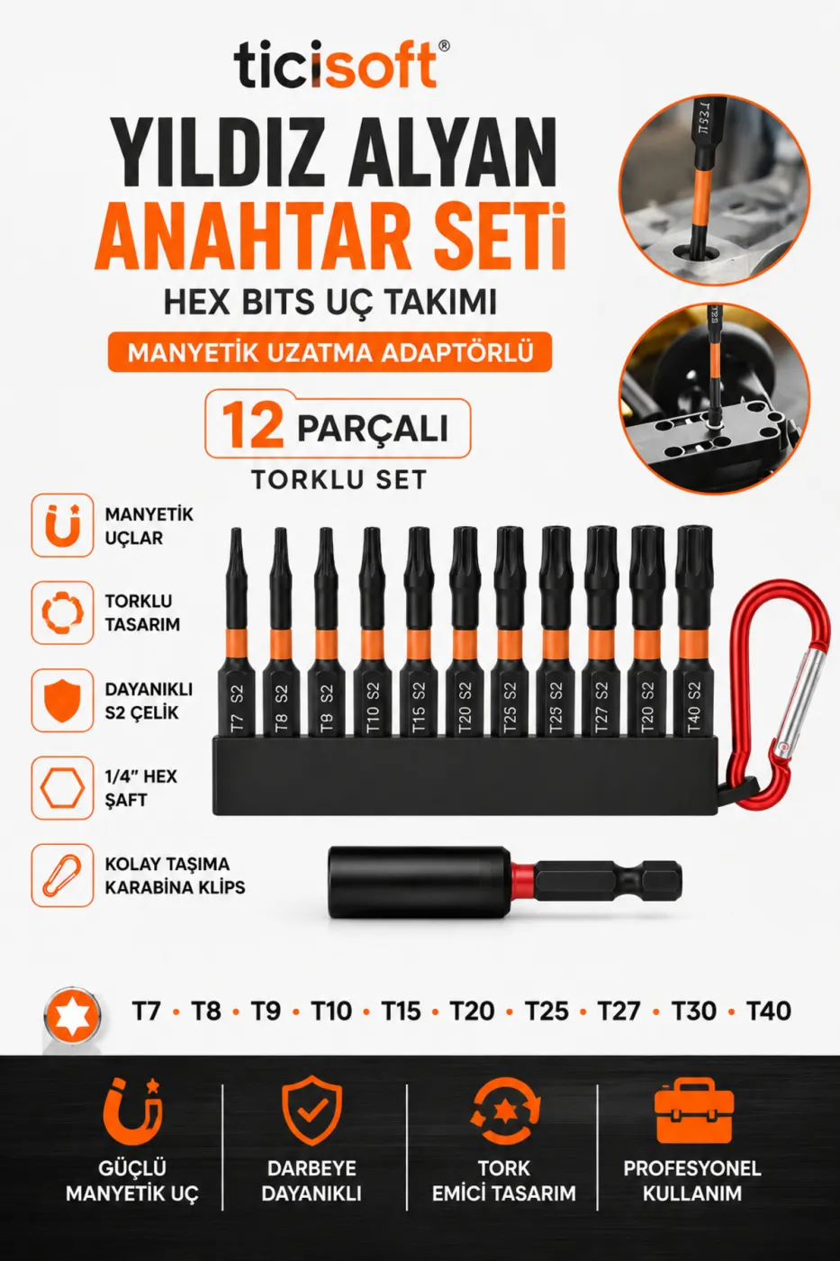 12 Parça Torx Bits Uç Seti T7 T8 T9 T10 T15 T20 T25 T27 T30 T40 S2 Çelik Manyetik Uzatma Adaptörlü