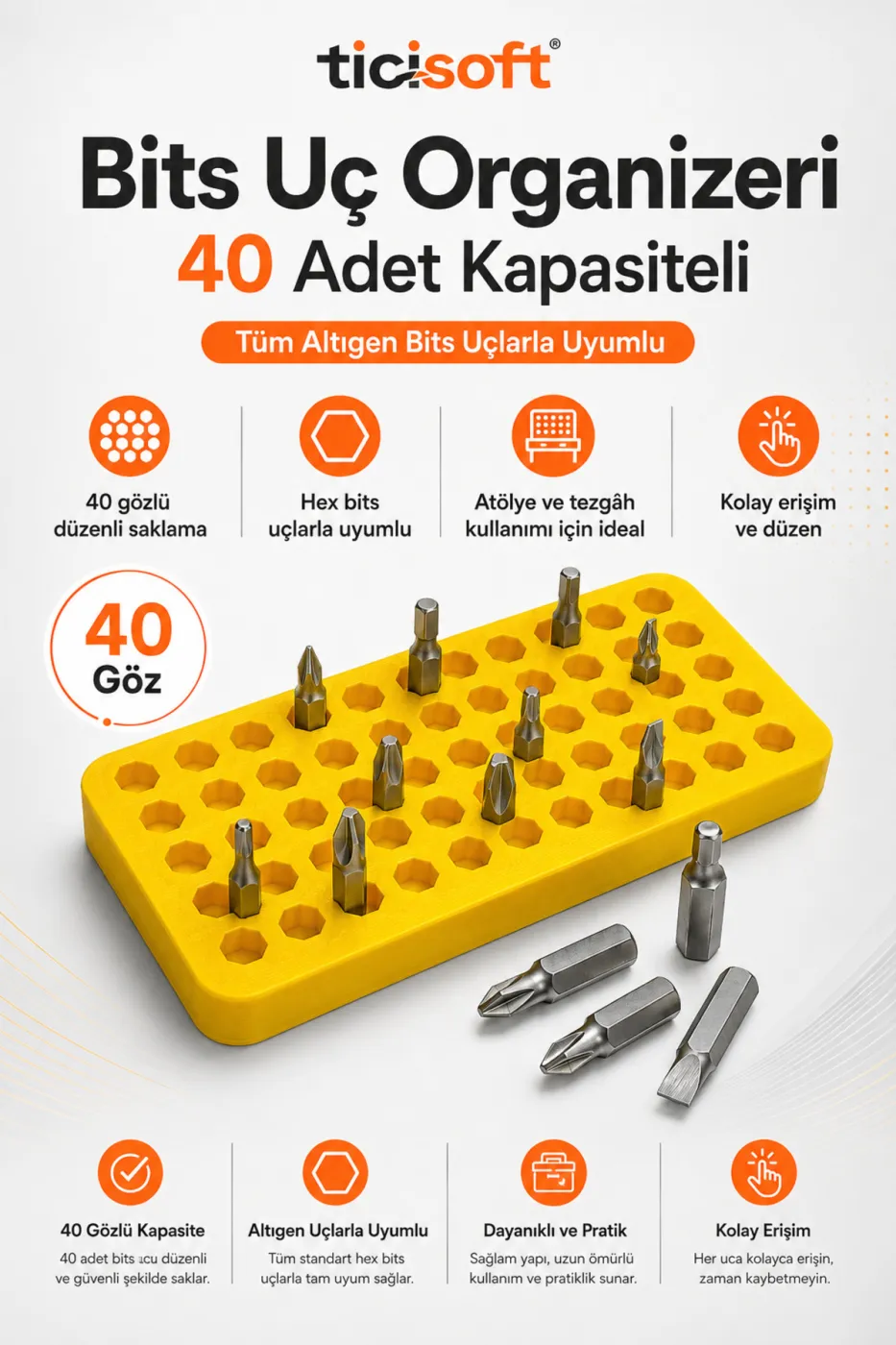 40 Gözlü Bits Uç Organizeri Altıgen Uç Düzenleyici 11 x 4,5 cm Çift Taraflı Bantlı