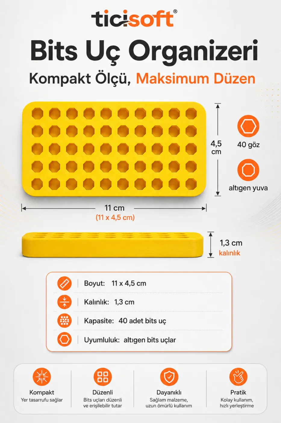 40 Gözlü Bits Uç Organizeri Altıgen Uç Düzenleyici 11 x 4,5 cm Çift Taraflı Bantlı