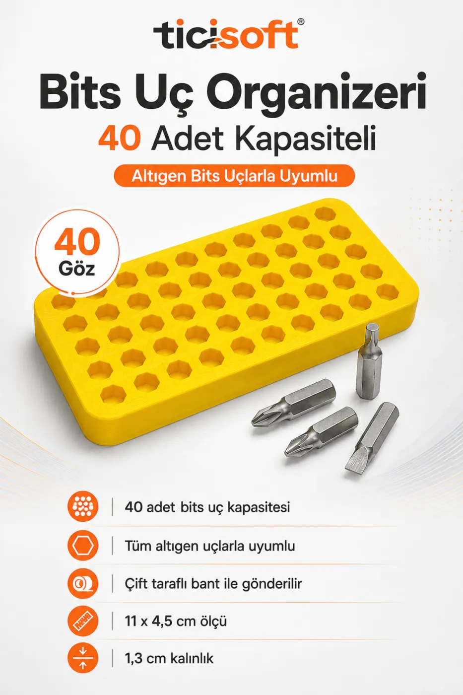 40 Gözlü Bits Uç Organizeri Altıgen Uç Düzenleyici 11 x 4,5 cm Çift Taraflı Bantlı
