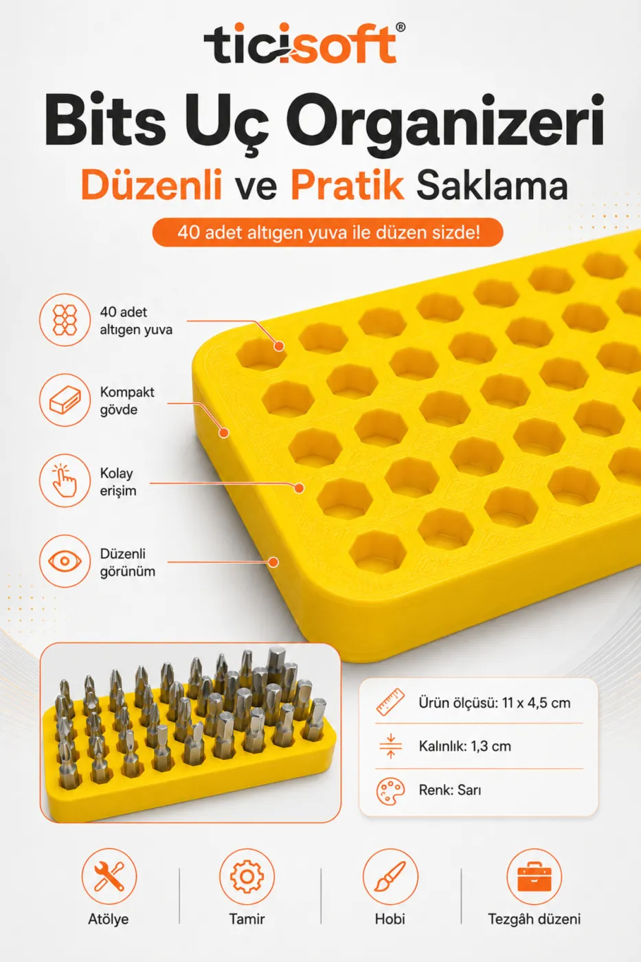 40 Gözlü Bits Uç Organizeri Altıgen Uç Düzenleyici 11 x 4,5 cm Çift Taraflı Bantlı