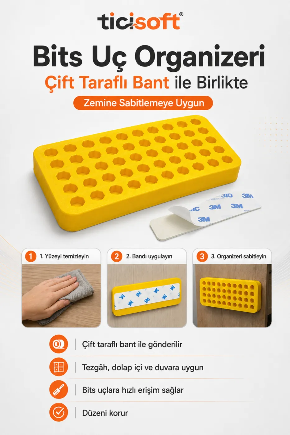 40 Gözlü Bits Uç Organizeri Altıgen Uç Düzenleyici 11 x 4,5 cm Çift Taraflı Bantlı
