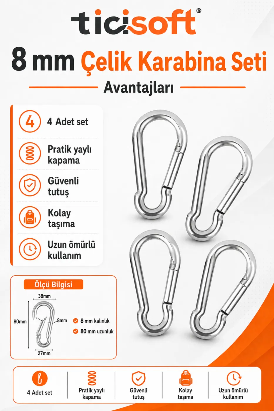 8 mm Çelik Yaylı Karabina Kanca 4 Adet 80 mm Klipsli Karabina Seti